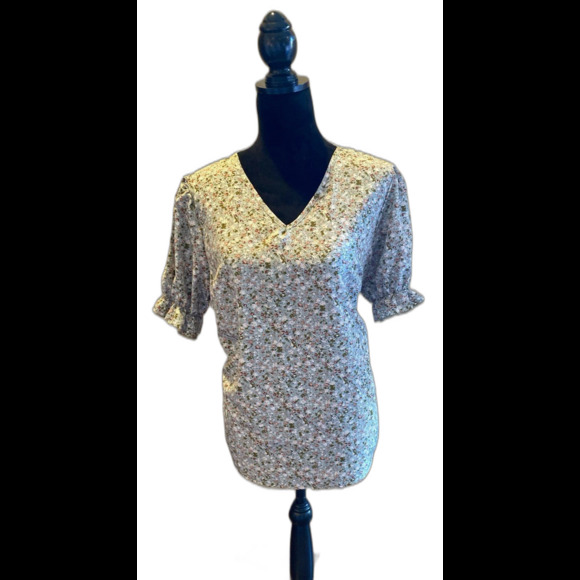 Peasant Blouse Plus Size 2XL Green Print Top Ruffle Elastic Sleeve V Neck Soft - Picture 1 of 8